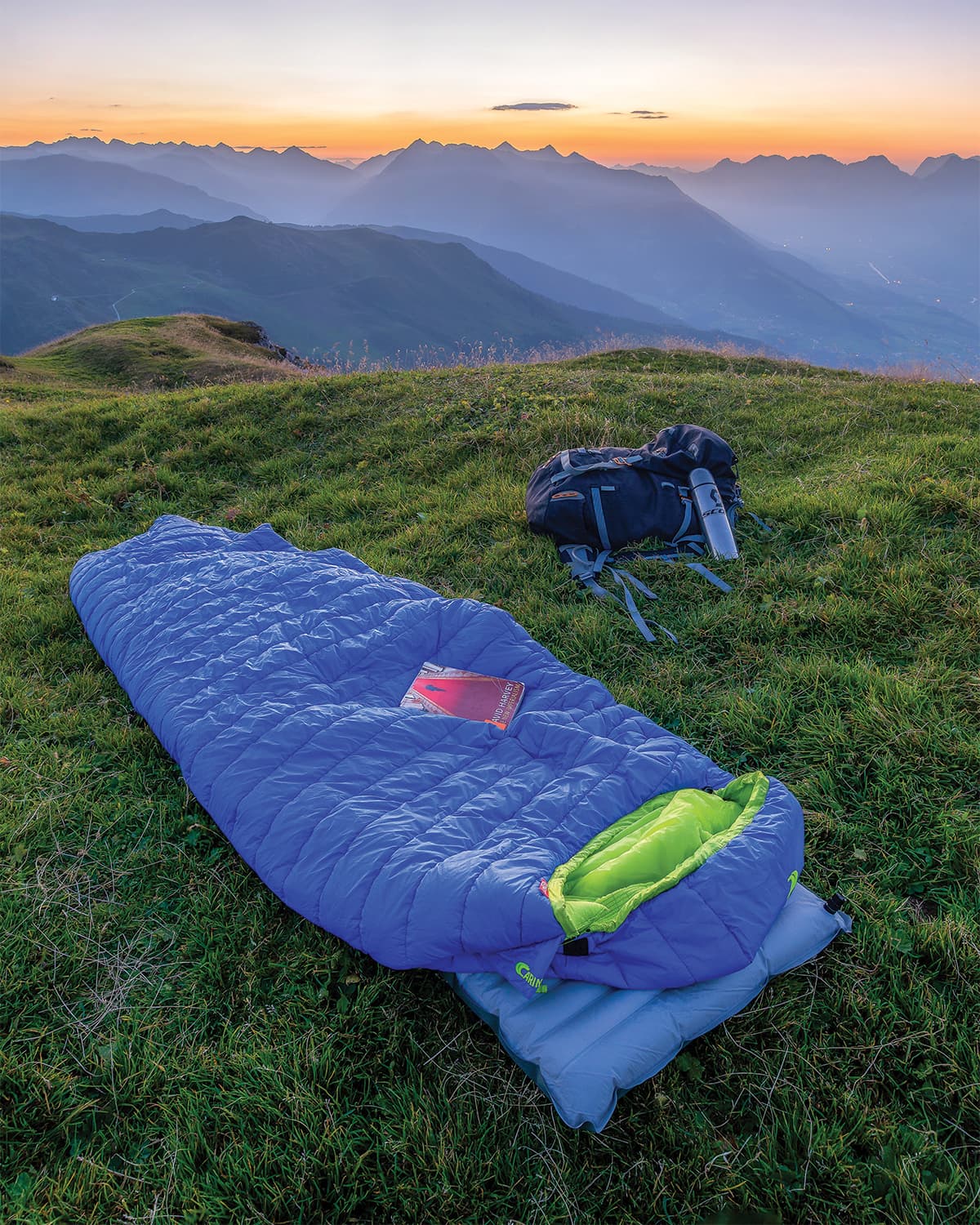 Sleeping bag with a view of the mountains